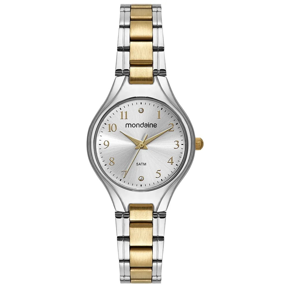 Relógio Mondaine Feminino Bicolor Dourado e Prateado Clássico Pequeno com Cristais Visor Prateado Á Prova d'água 32528LPMVBE2