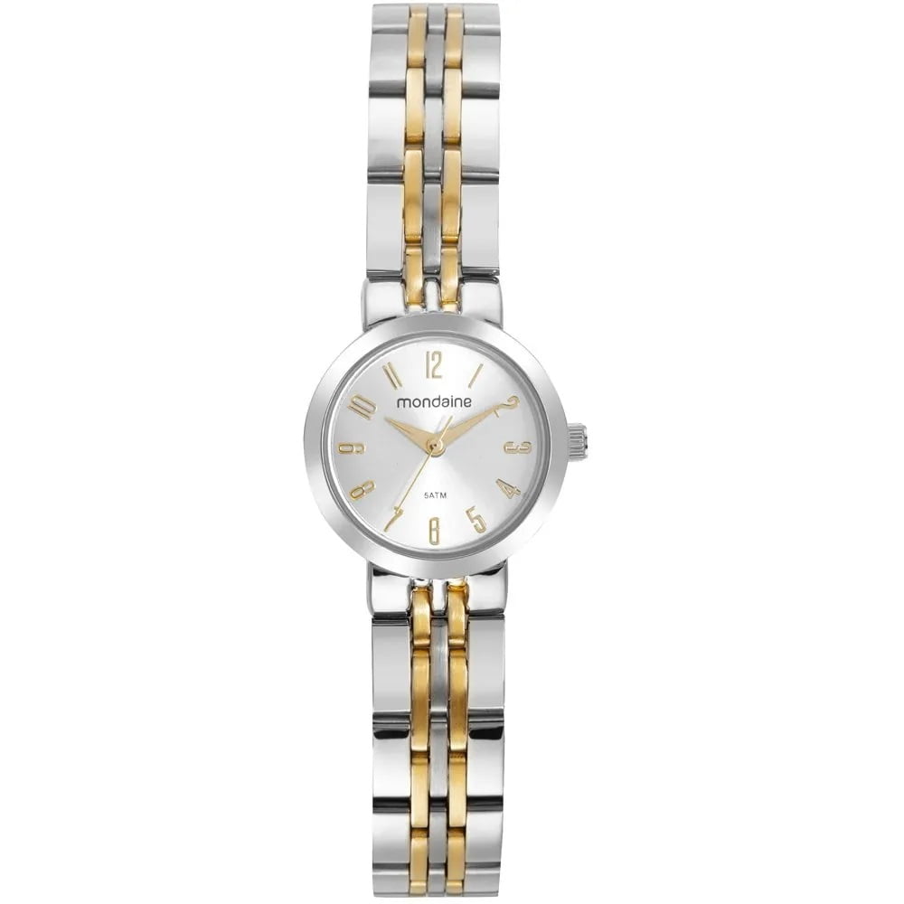 Relógio Mondaine Feminino Bicolor Pequeno Visor Prateado Numeração Completa Á Prova d'água 32689LPMVBE2
