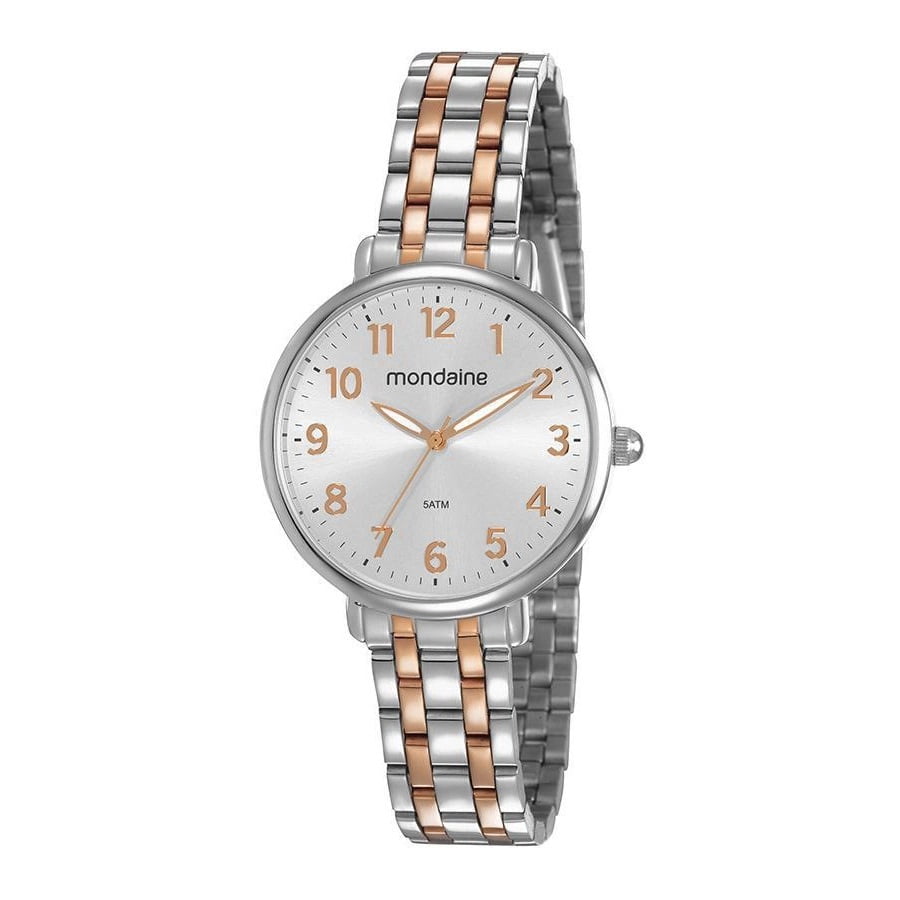 Relógio Mondaine Feminino Bicolor Prateado e Rose Todo Numerado Visor Prateado á prova d'água 53779LPMVGE4