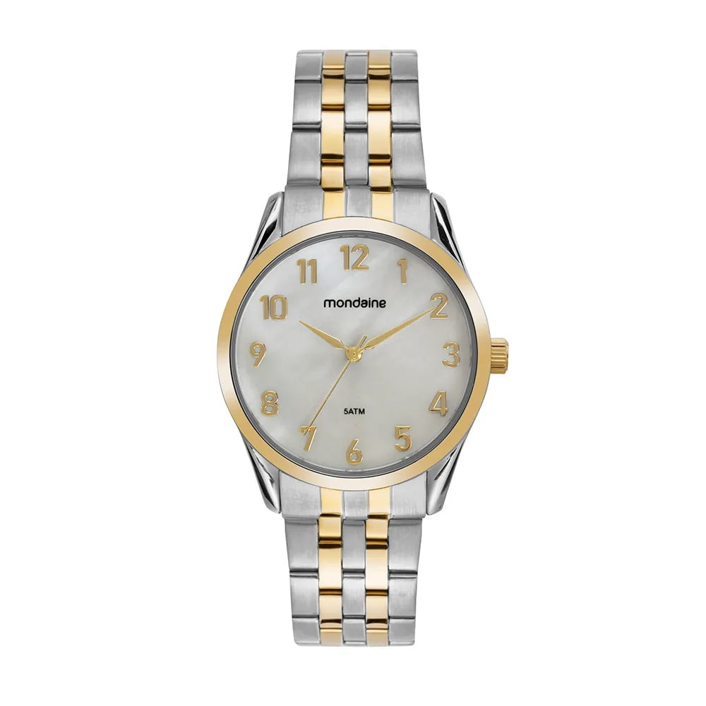 Relógio Mondaine Feminino Bicolor Prata e Dourado Visor Madrepérola Todo Numerado Á Prova d'água 99889LPMVBE3