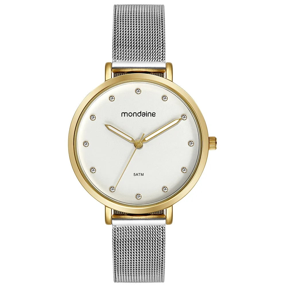 Relógio Mondaine Feminino Bicolor Prateado e Dourado Malha de Aço À Prova d'água 32847LPMVBE1