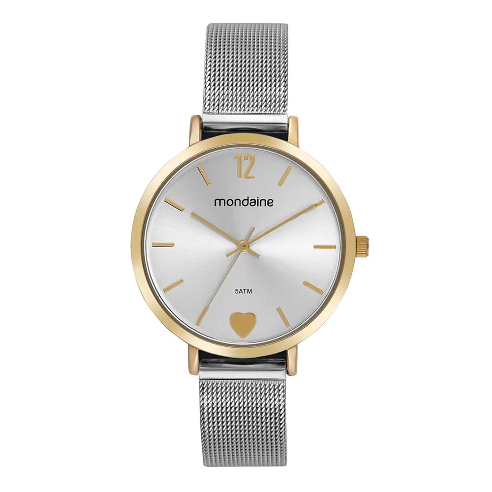Relógio Mondaine Feminino Bicolor Prateado e Dourado Malha de Aço Coração A Prova d'água 32848LPMVBE1