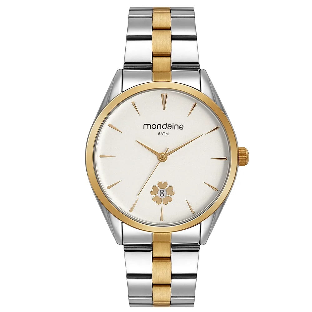 Relógio Mondaine Feminino Bicolor Prateado e Dourado Minimalista Visor Branco com Calendário Á Prova D'água 32478LPMVBE3