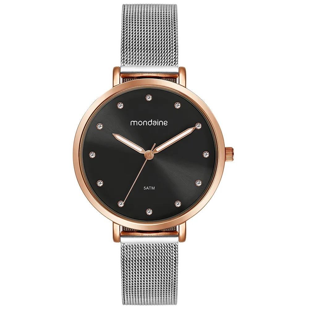 Relógio Mondaine Feminino Bicolor Prateado e Rose Visor Preto Malha de Aço À Prova d'água 32847LPMVGE2