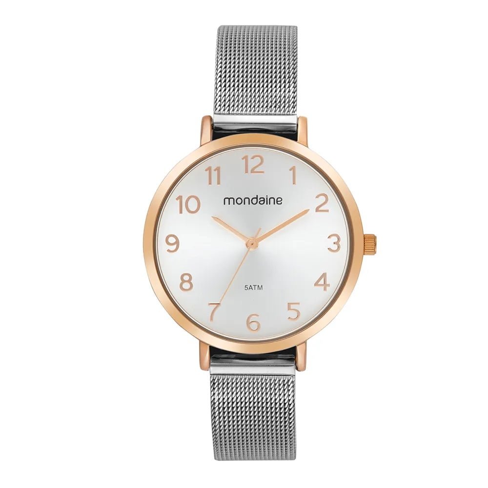 Relógio Mondaine Feminino Bicolor Prateado Rosé Malha de Aço A prova d'água 32846LPMVGE2