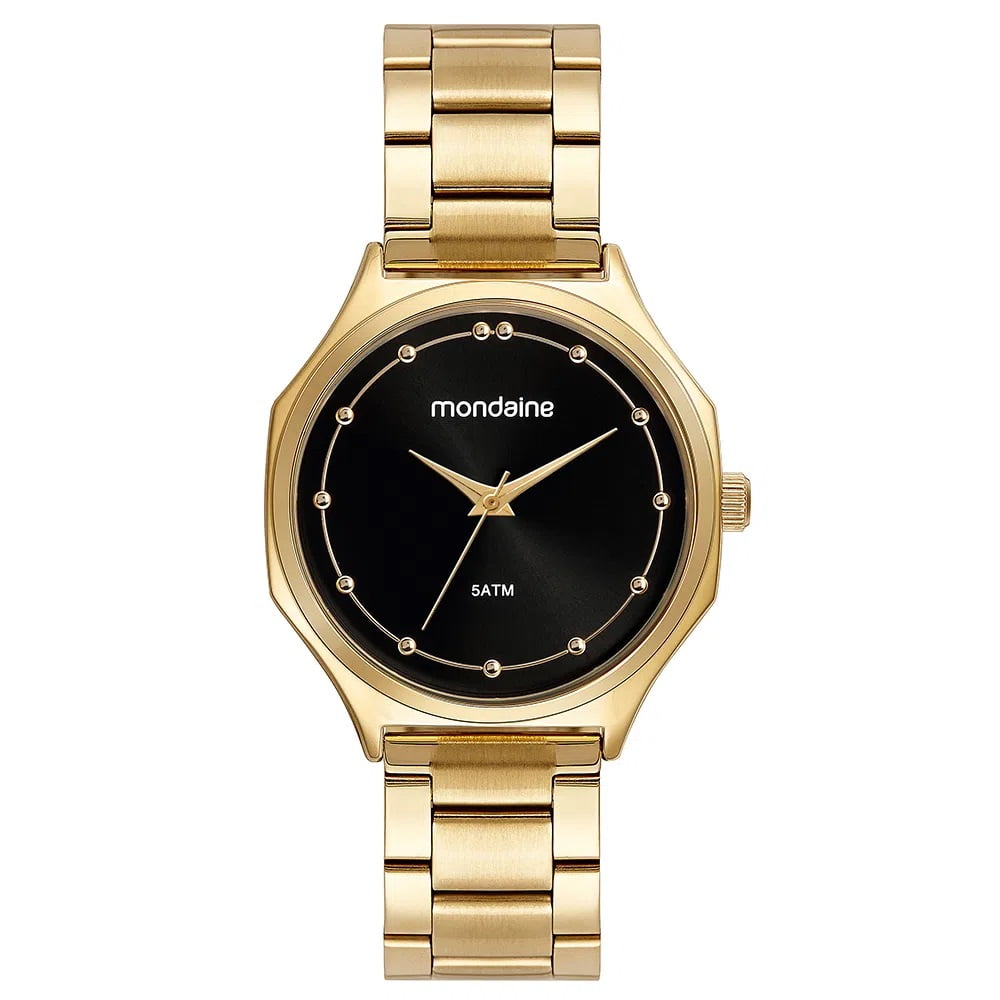 Relógio Mondaine Feminino Caixa Facetada Dourado com Visor Preto á Prova D'água 32477LPMVDE2