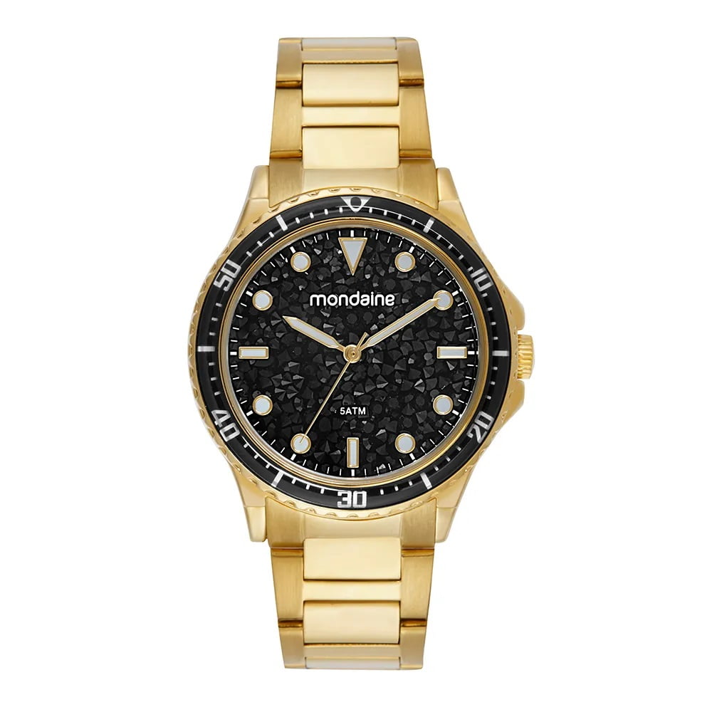 Relógio Mondaine Feminino Caixa Facetada Dourado Mostrador com pedras facetadas á Prova D'água 32835LPMVDE1