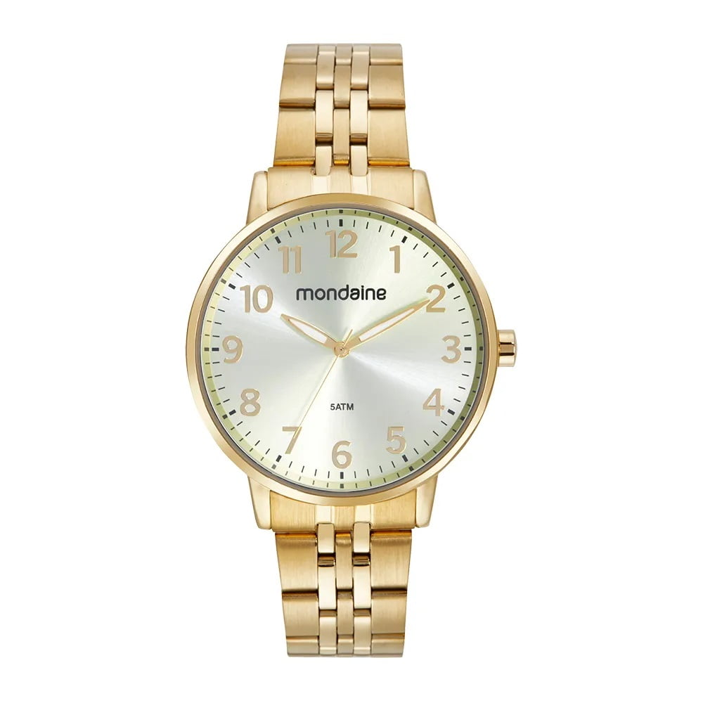 Relógio Mondaine Casual Dourado Visor Champanhe Numeração Completa á Prova D'água 32662LPMVDE1