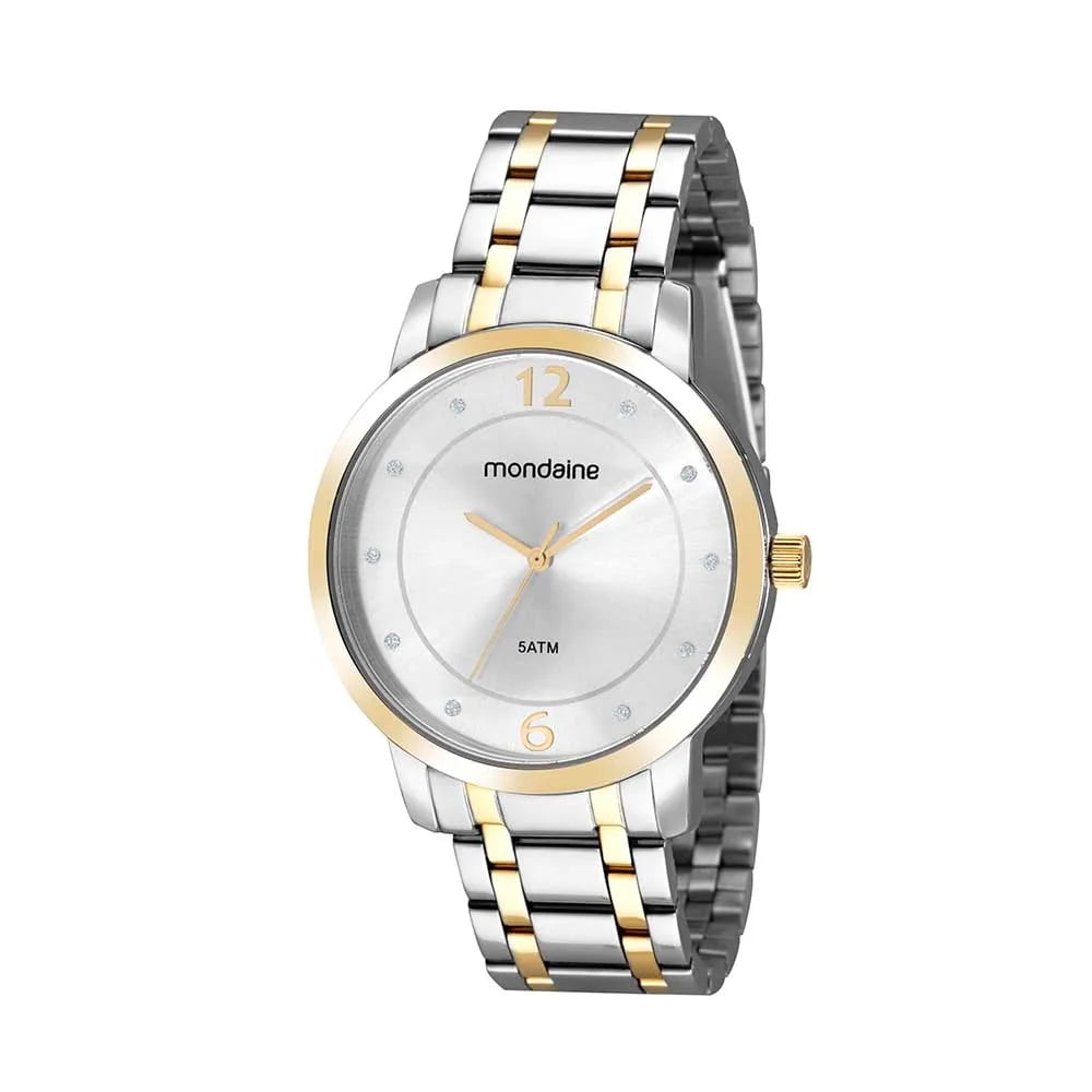 Relógio Mondaine Feminino Prateado e Dourado Visor Minimalista com Cristais Á Prova d'água 99579LPMVBE2