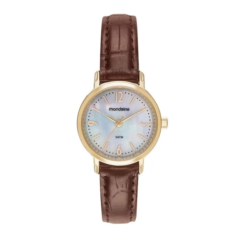 Relógio Mondaine Feminino Couro Dourado Visor Madrepérola Pequeno Á Prova D'água 99795LPMVDH1