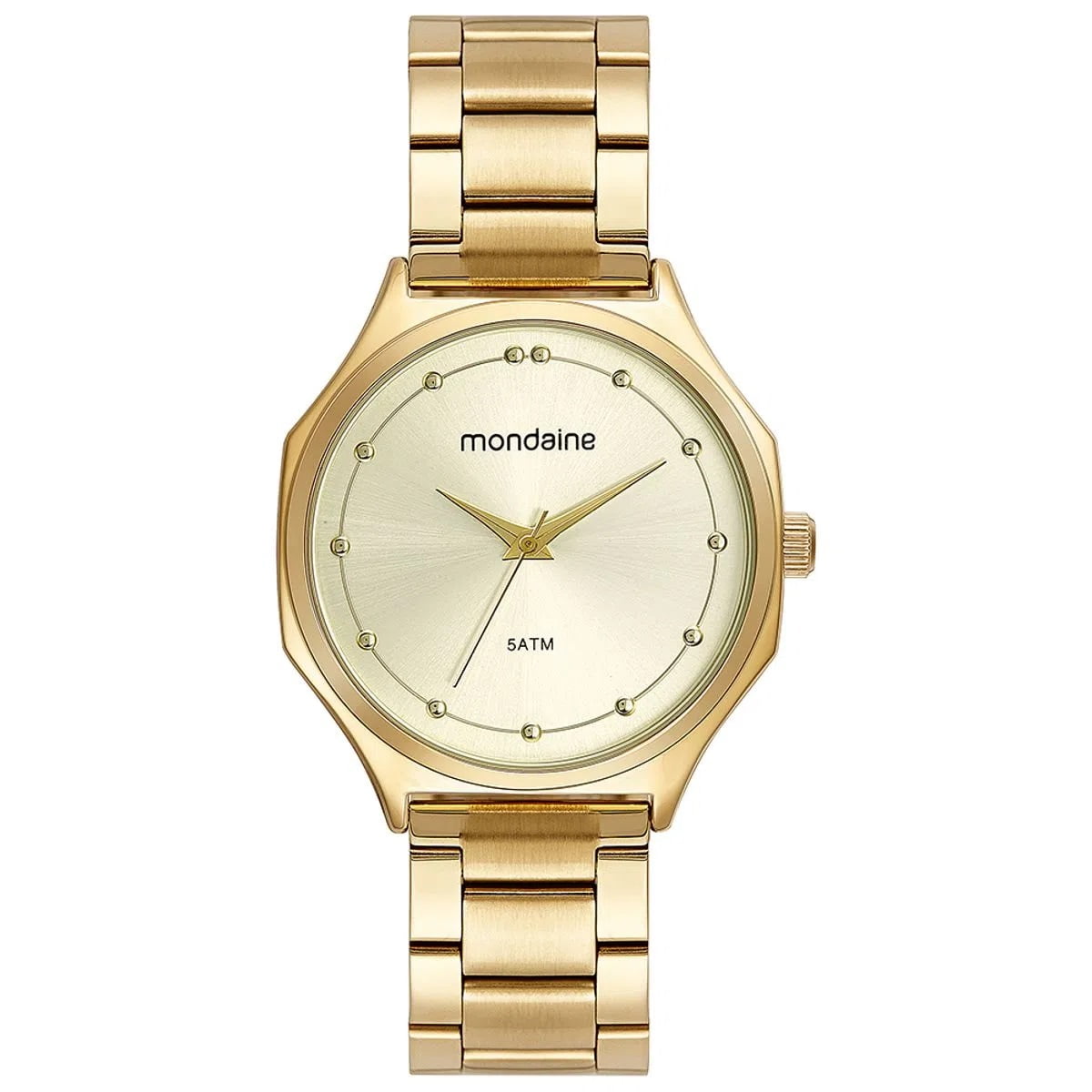 Relógio Mondaine Feminino Dourado Visor Champanhe Minimalista Caixa Facetada Á Prova D'água 32477LPMVDE1