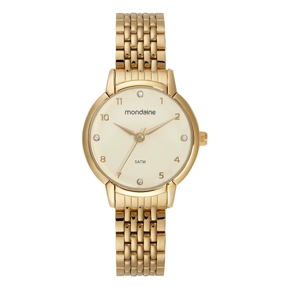Relógio Mondaine Feminino Dourado Clássico Visor Champanhe com Cristais Á Prova d'água 32705LPMVDE1