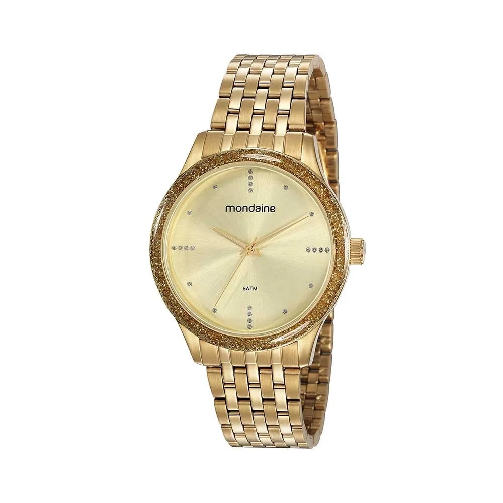 Relógio Mondaine Feminino Dourado com Glitter no Visor Minimalista Á Prova d'água 53815LPMVDE1