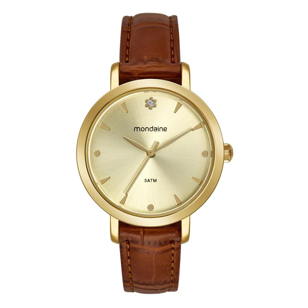 Relógio Mondaine Feminino Dourado e pulseira em couro marrom A prova D'água 99758LPMVDH1