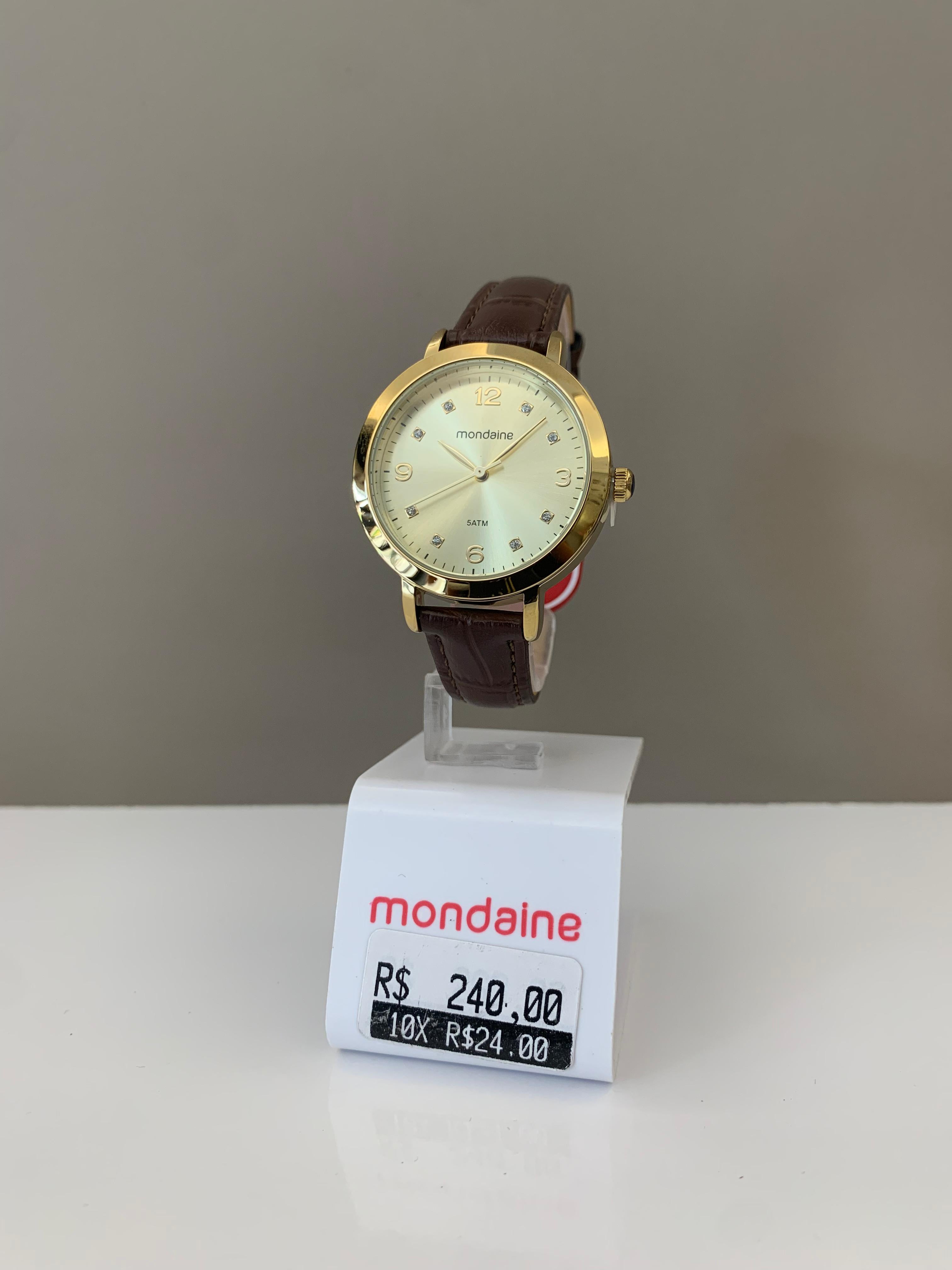 Relógio Mondaine Feminino Dourado e pulseira em couro Marrom Visor Champanhe com Cristais A prova D'água 99757LPMVDH3