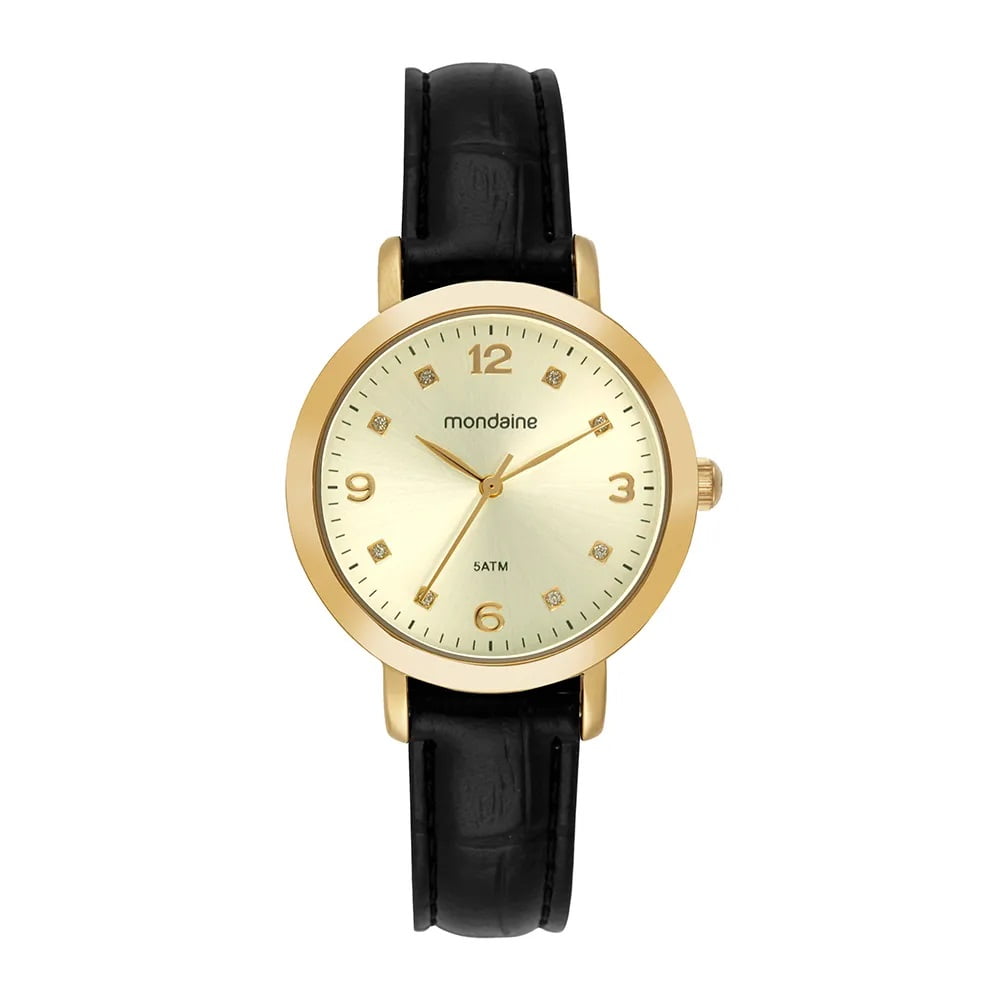 Relógio Mondaine Feminino Dourado e pulseira em couro Preta Visor Champanhe com Cristais A prova D'água 99757LPMVDH1