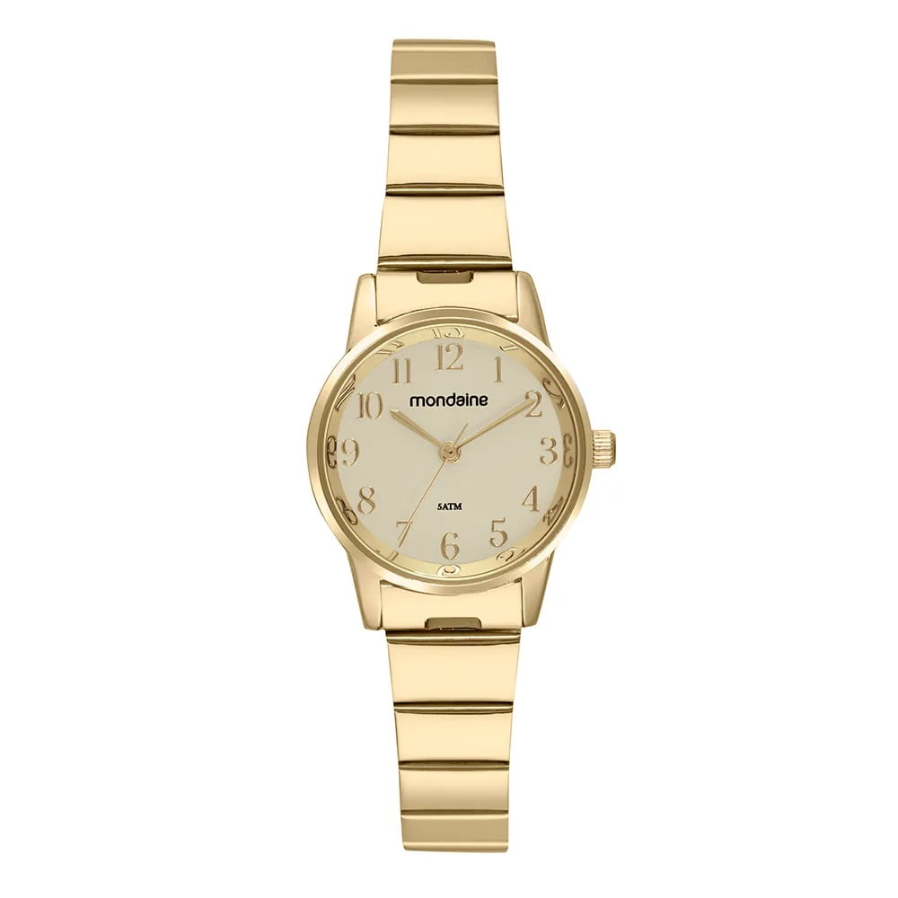 Relógio Mondaine Feminino Dourado Minimalista com Visor Branco Todo Numerado Á Prova D'água 32693LPMVDE1