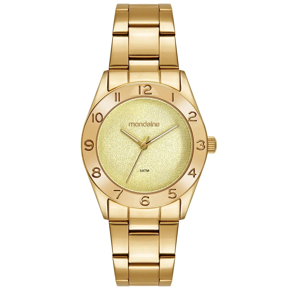 Relógio Mondaine Feminino Dourado Mostrador Champanhe Texturizado Catraca com Numeração Completa Á Prova d'água 99873LPMVDE1
