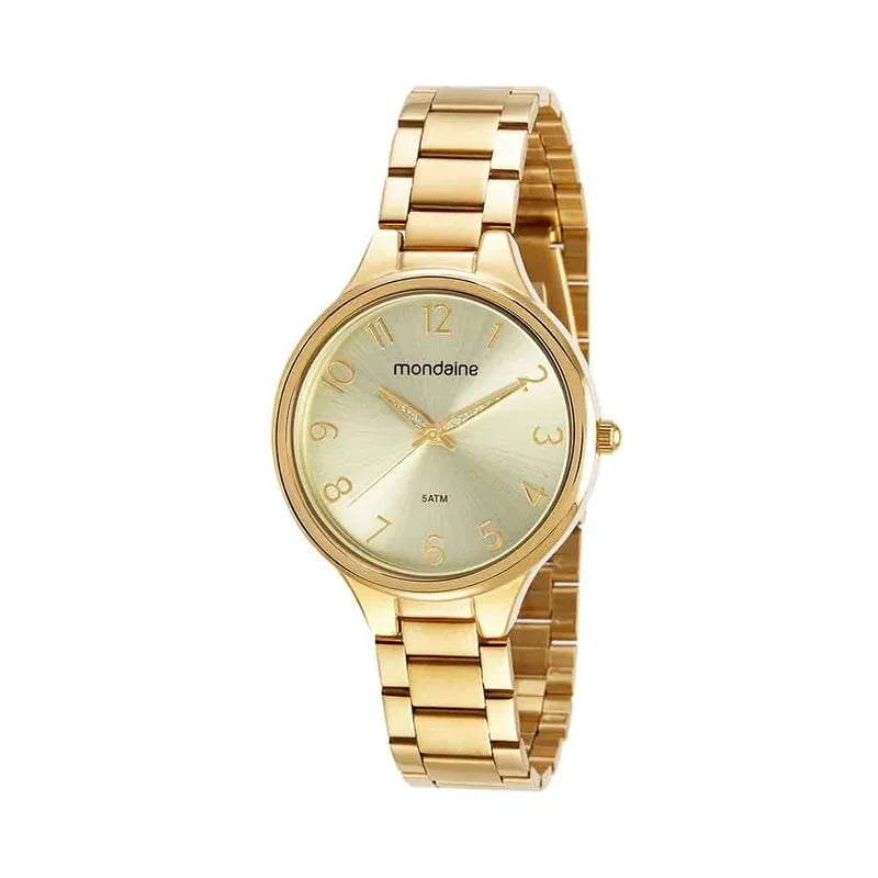 Relógio Mondaine Feminino Dourado Todo Numerado com Glitter Visor Champanhe Á Prova d'água 32418LPMVDE1