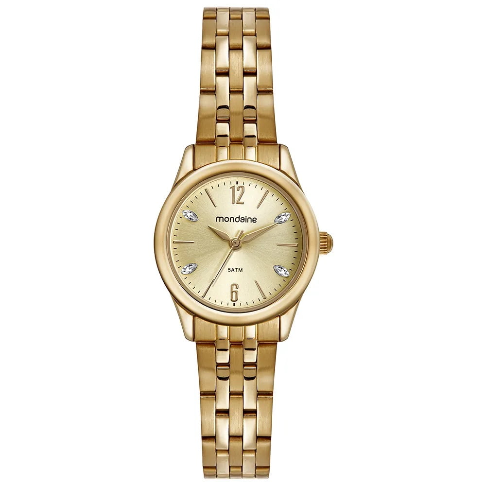 Relógio Mondaine Feminino Dourado Pequeno Visor Champanhe com Cristais Á Prova d'água 32587LPMVDE1