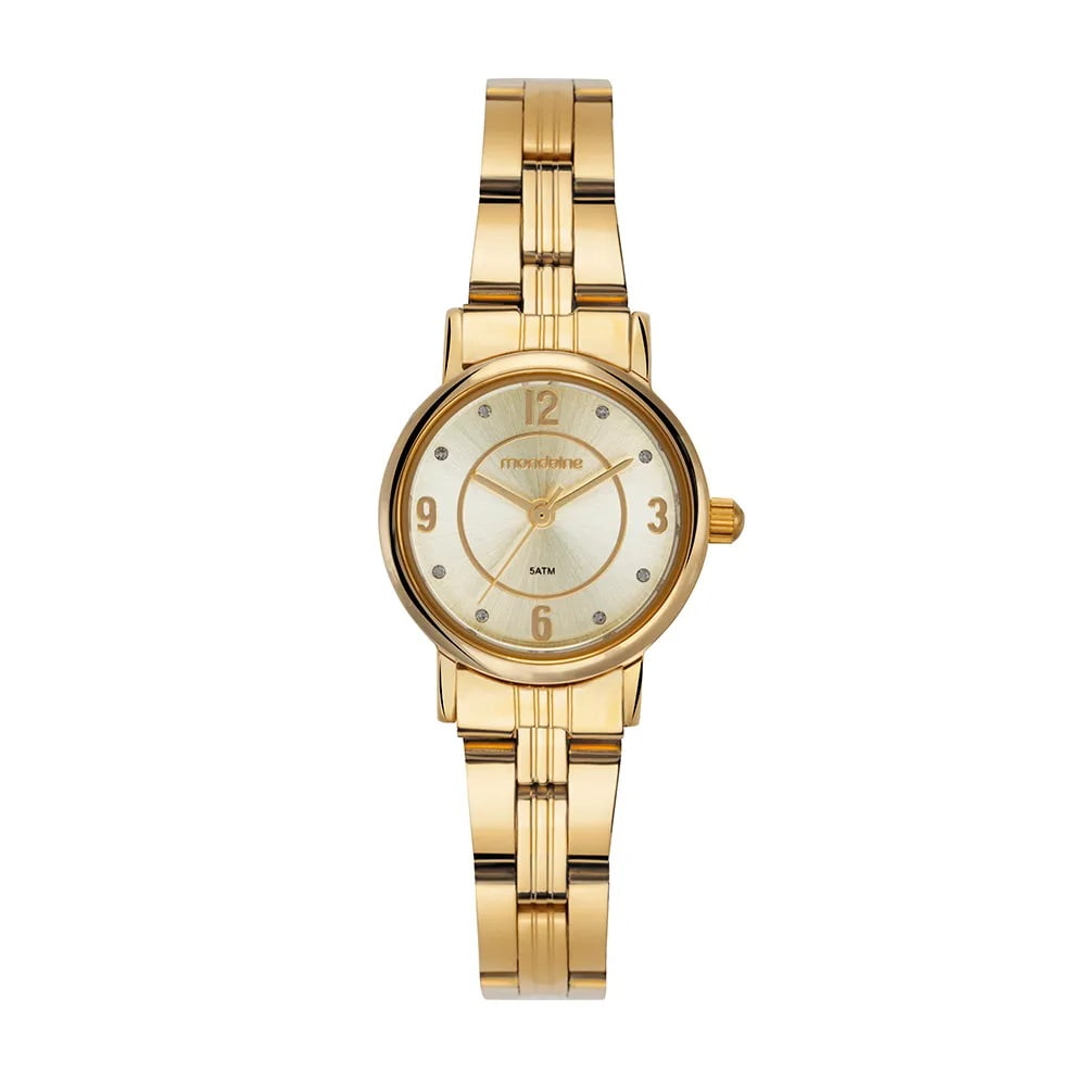 Relógio Mondaine Feminino Dourado Pequeno Visor Champanhe com Cristais Á Prova d'água 99846LPMVDE1