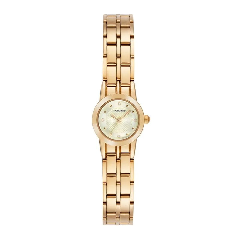 Relógio Mondaine Feminino Dourado Pequeno Visor Texturizado Champanhe com Cristais Á Prova d'água 83519LPMVDE1