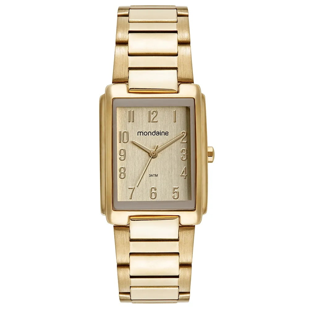 Relógio Mondaine Feminino Dourado Quadrado Vintage Todo Numerado Á Prova d'água 32520LPMVDE1