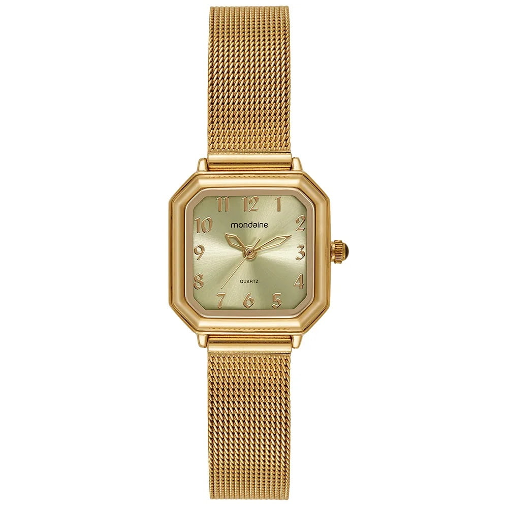 Relógio Mondaine Feminino Dourado Quadrado Visor Champagne Todo Numerado Pulseira Milanese 32982LPMVDE1