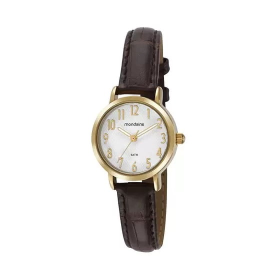 Relógio Mondaine Feminino Dourado Todo Numerado Visor Branco com Pulseira em Couro Pequeno Á Prova d'água 99585LPMVDH2