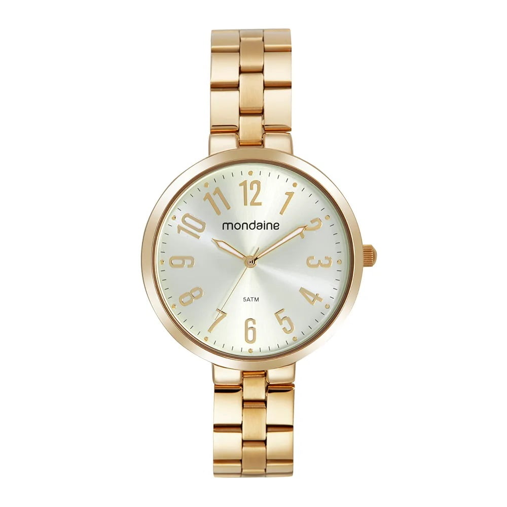 Relógio Mondaine Feminino Dourado Todo Numerado Visor Champanhe Á Prova d'água 32667LPMVDE1