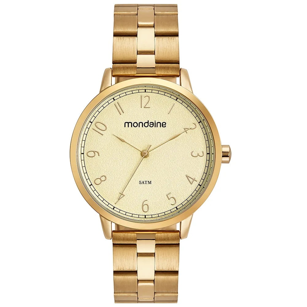 Relógio Mondaine Feminino Dourado Todo Numerado Visor Champanhe Texturizado Á Prova d'água 32476LPMVDE1