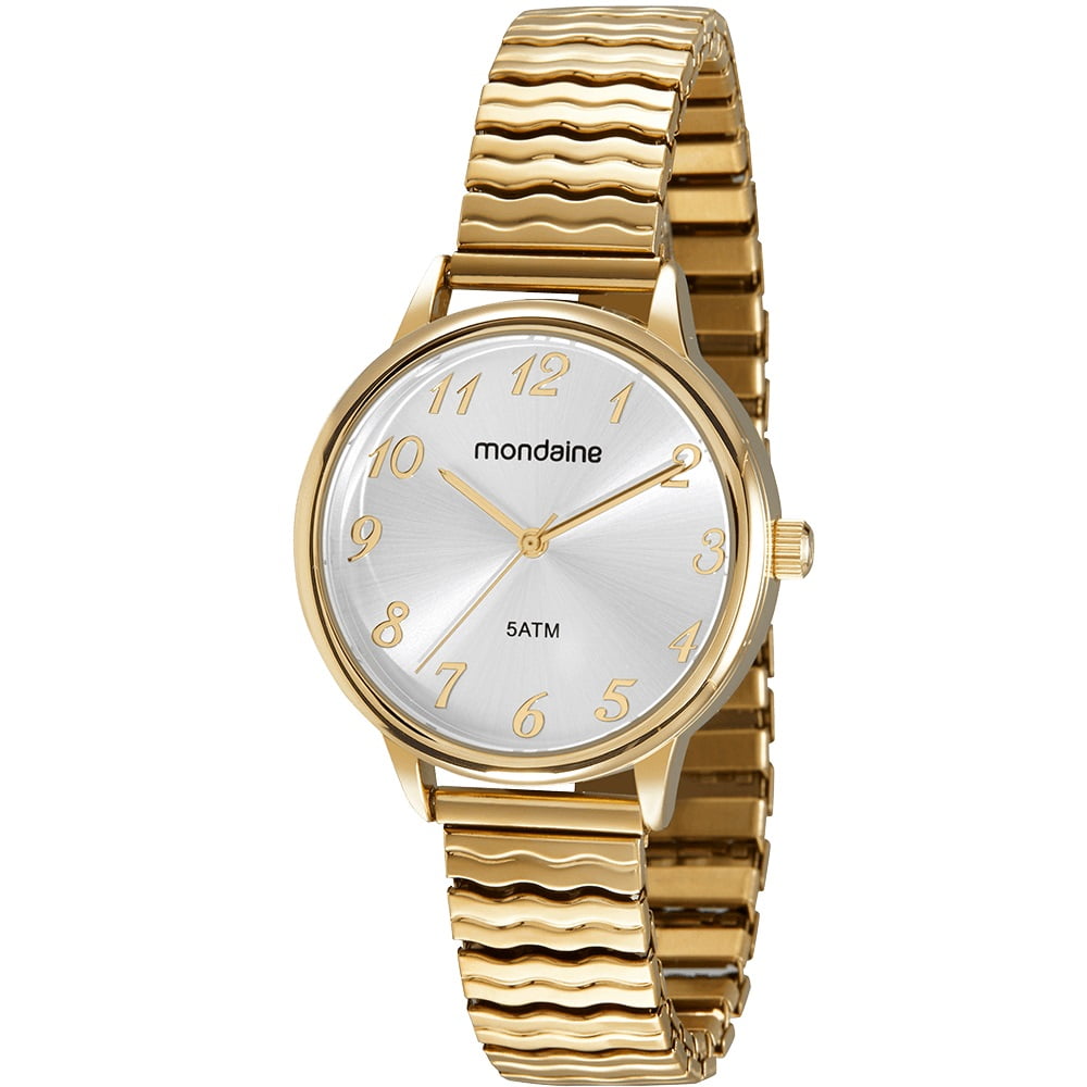 Relógio Mondaine Feminino Dourado Todo Numerado com Visor Prateado Á Prova D'água 99557LPMGDE1