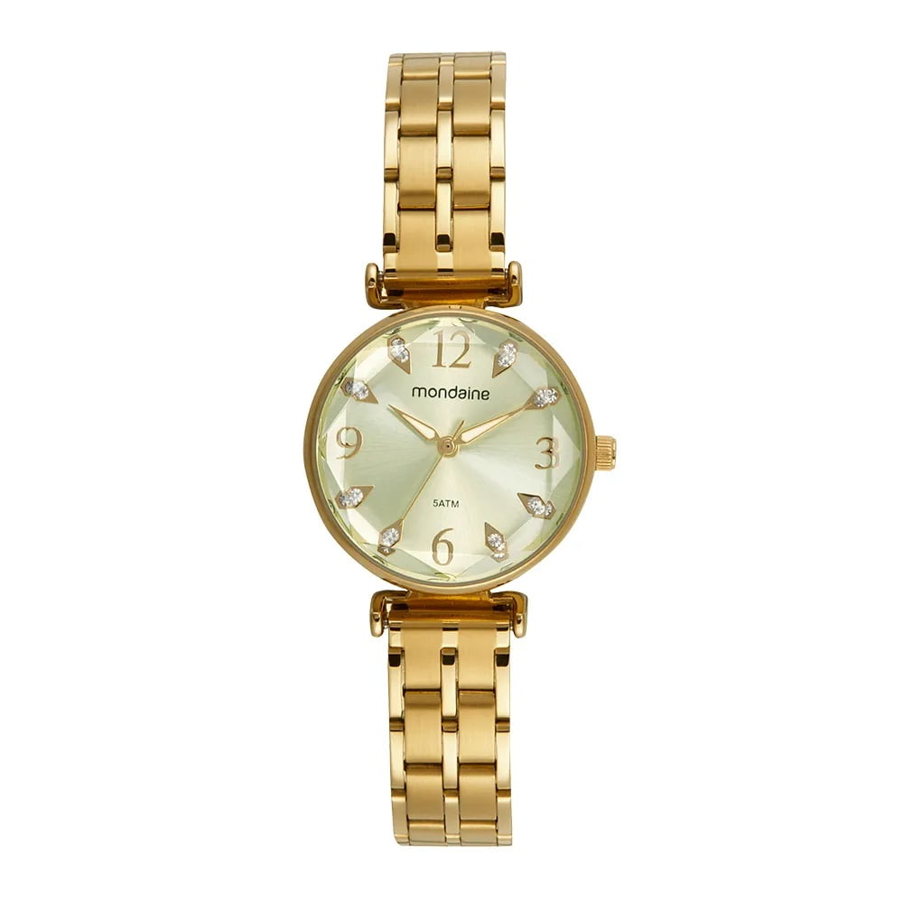 Relógio Mondaine Feminino Dourado Vidro Facetado Visor Champanhe com Cristais Á Prova d'água 32773LPMVDE1