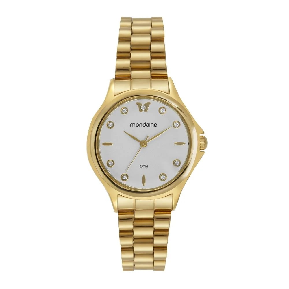 Relógio Mondaine Feminino Dourado Visor Branco com Cristais Borboleta Á Prova d'água 99760LPMVDE1