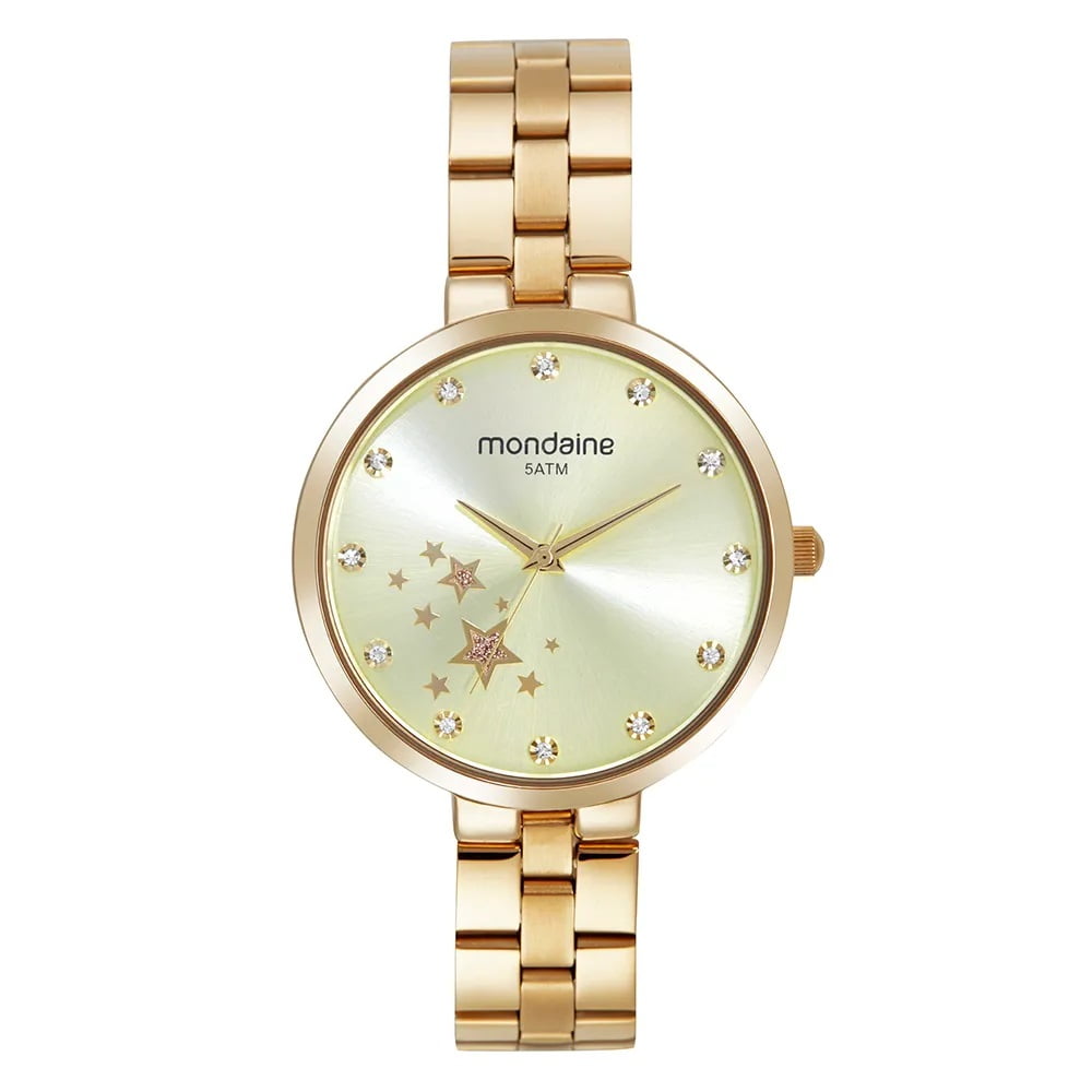 Relógio Mondaine Feminino Dourado Visor Champanhe com Cristais e Estrelas Á Prova d'água 32671LPMVDE1