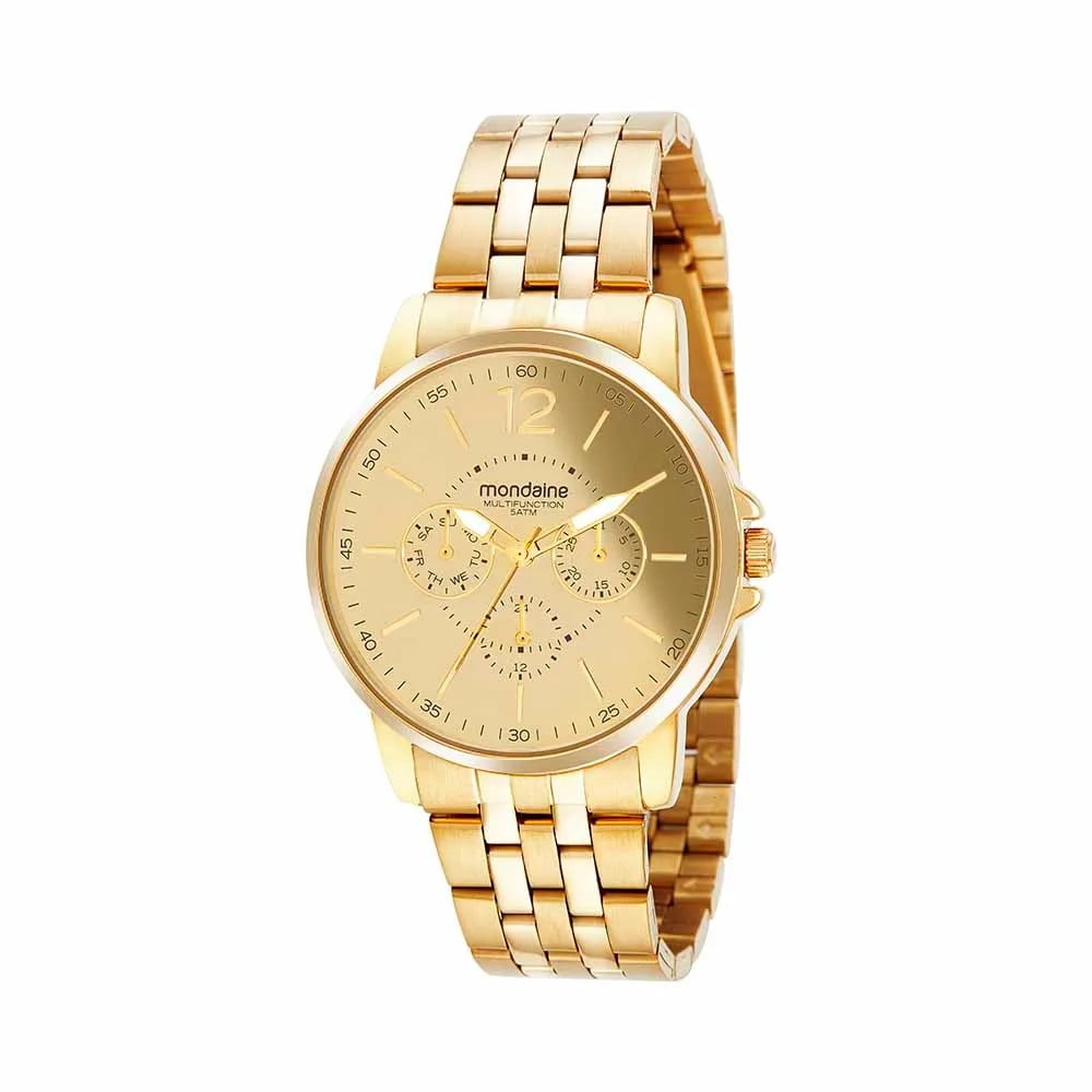 Relógio Mondaine Feminino Dourado Visor Champanhe Espelhado com Taquímetro Relógio 12/24h Á Prova D'água 32379LPMVDE1