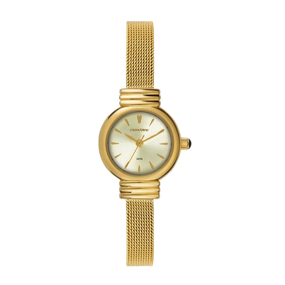 Relógio Mondaine Feminino Dourado Visor Champanhe Minimalista Pulseira Milanesa Pequeno Á Prova d'água 99856LPMVDE1