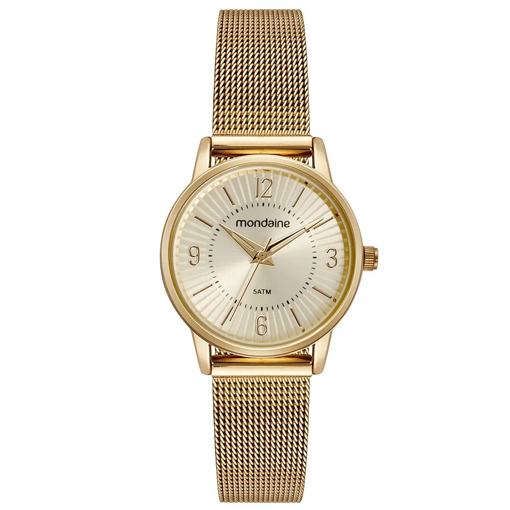 Relógio Mondaine Feminino Dourado Visor Champanhe Pulseira Milanesa Pequeno Á Prova d'água 32494LPMVDE1 