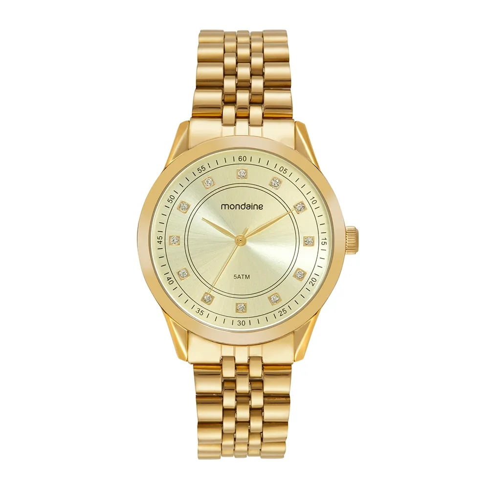 Relógio Mondaine Feminino Dourado Visor Metálico Champanhe com Cristais Á Prova d'água 99763LPMVDE3