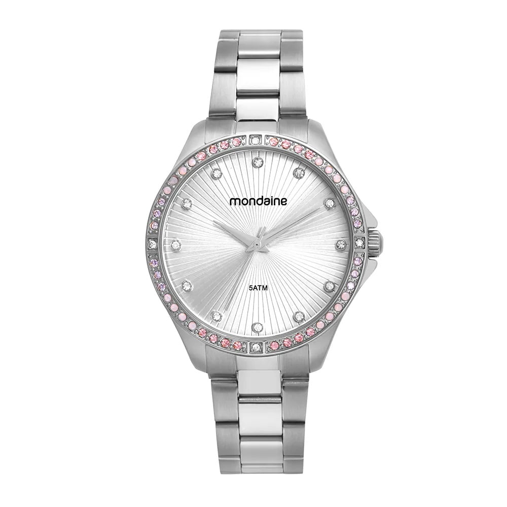  Relógio Mondaine Feminino Prateado Visor Texturizado com Cristais Á Prova d'água 32739L0MVNE2