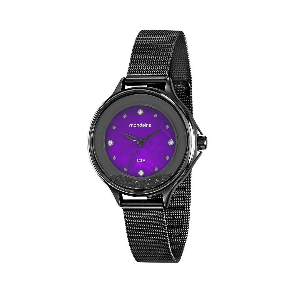 Relógio Mondaine Feminino Preto Milanesa Com Mostrador Roxo A prova D'água 99339LPMVPE1