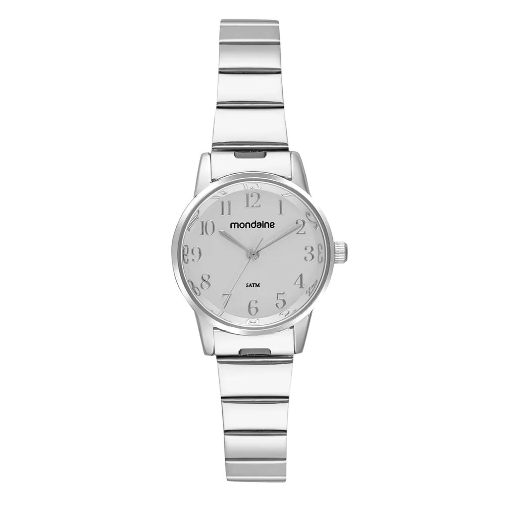 Relógio Mondaine Feminino Prateado Minimalista com Visor Branco Todo Numerado Á Prova D'água 32693L0MVNE2