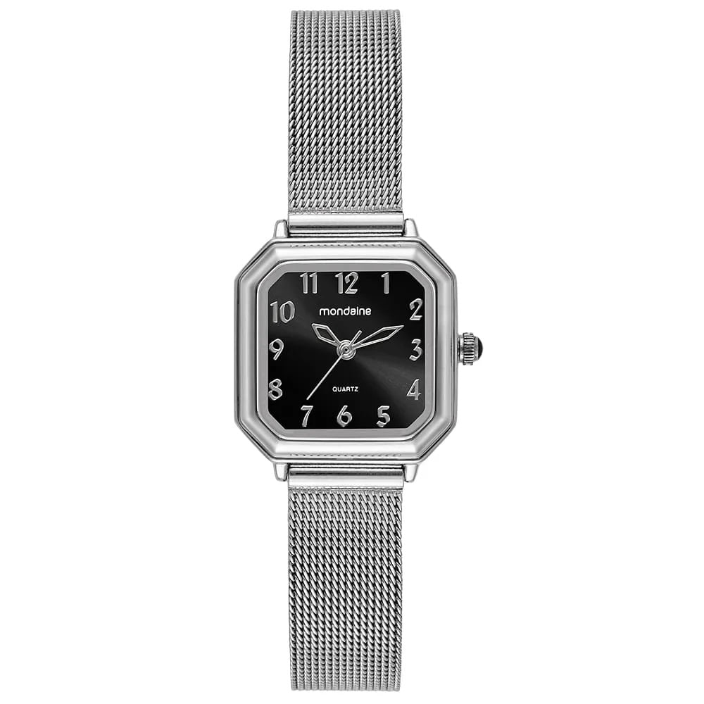 Relógio Mondaine Feminino Prateado Quadrado Visor Preto Todo Numerado Pulseira Milanese 32982L0MVNE2