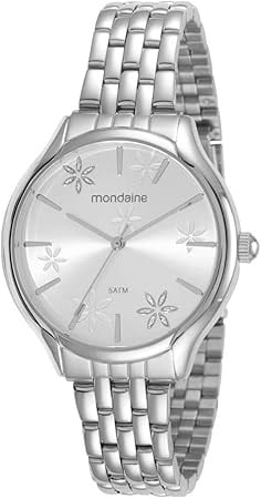 Relógio Mondaine Feminino Prateado Visor Prateado com Flores Á Prova d'água 32341L0MVNE3