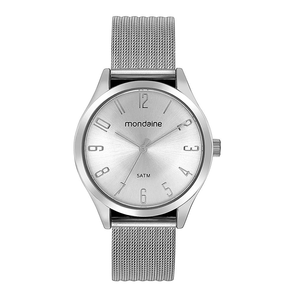 Relógio Mondaine Feminino Prateado Visor Todo Numerado com Pulseira Milanesa Á Prova d'água 99710L0MVNE3