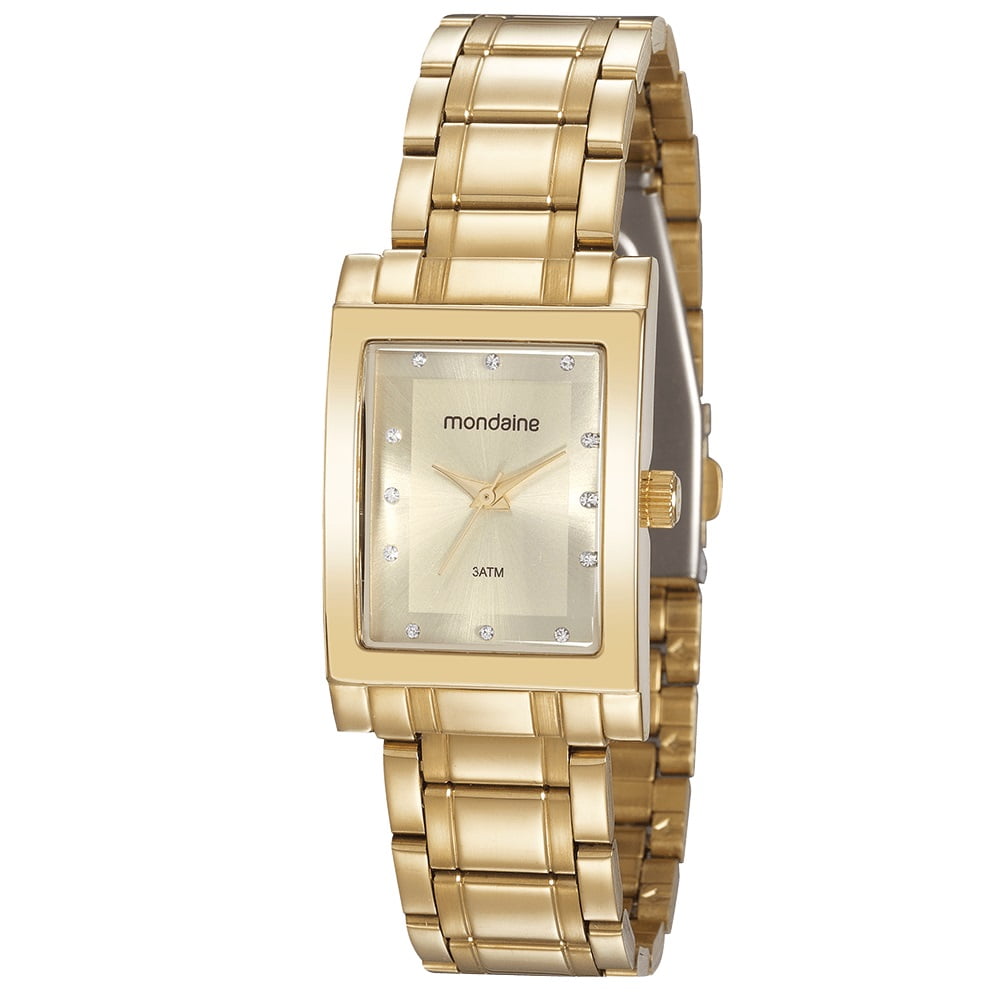 Relógio Mondaine Feminino Quadrado Cristais Dourado 32103LPMVDE1