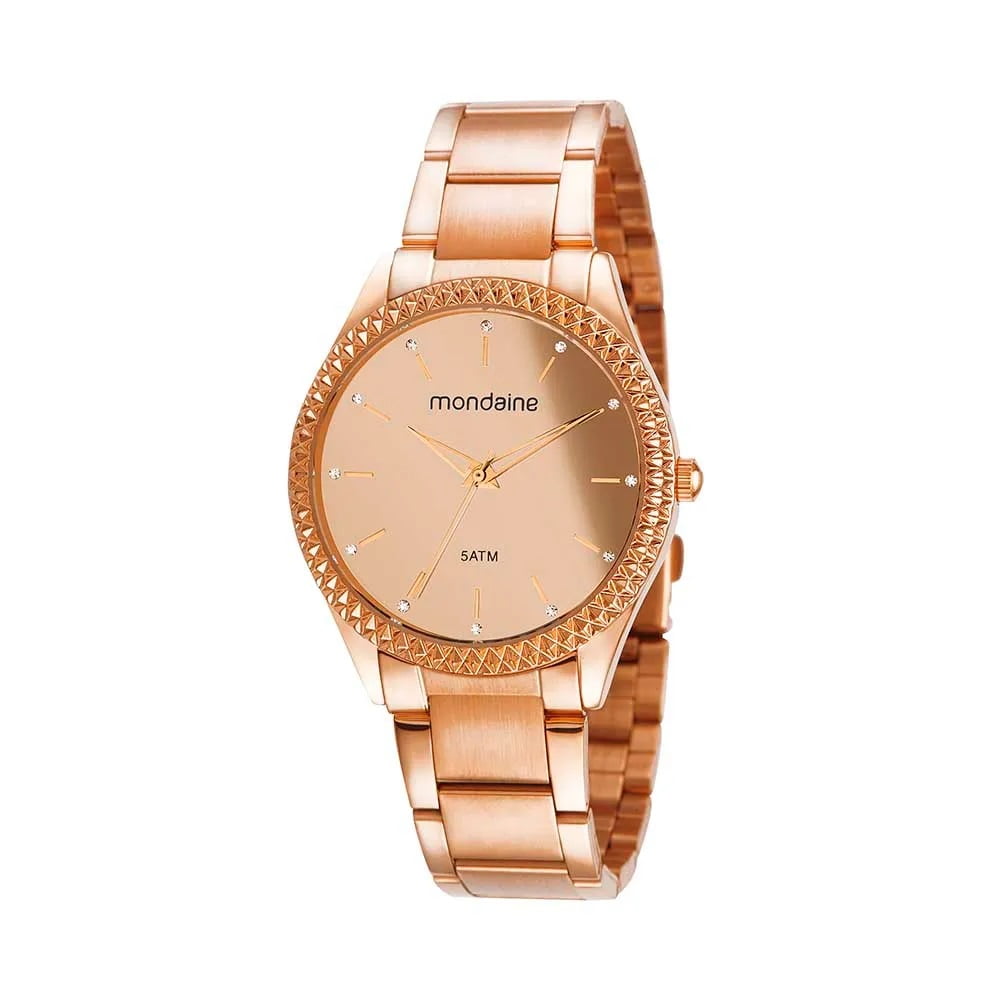 Relógio Mondaine Feminino Rose Minimalista Visor Espelhado com Caixa Serrilhada Á Prova D'água 32347LPMVRE2