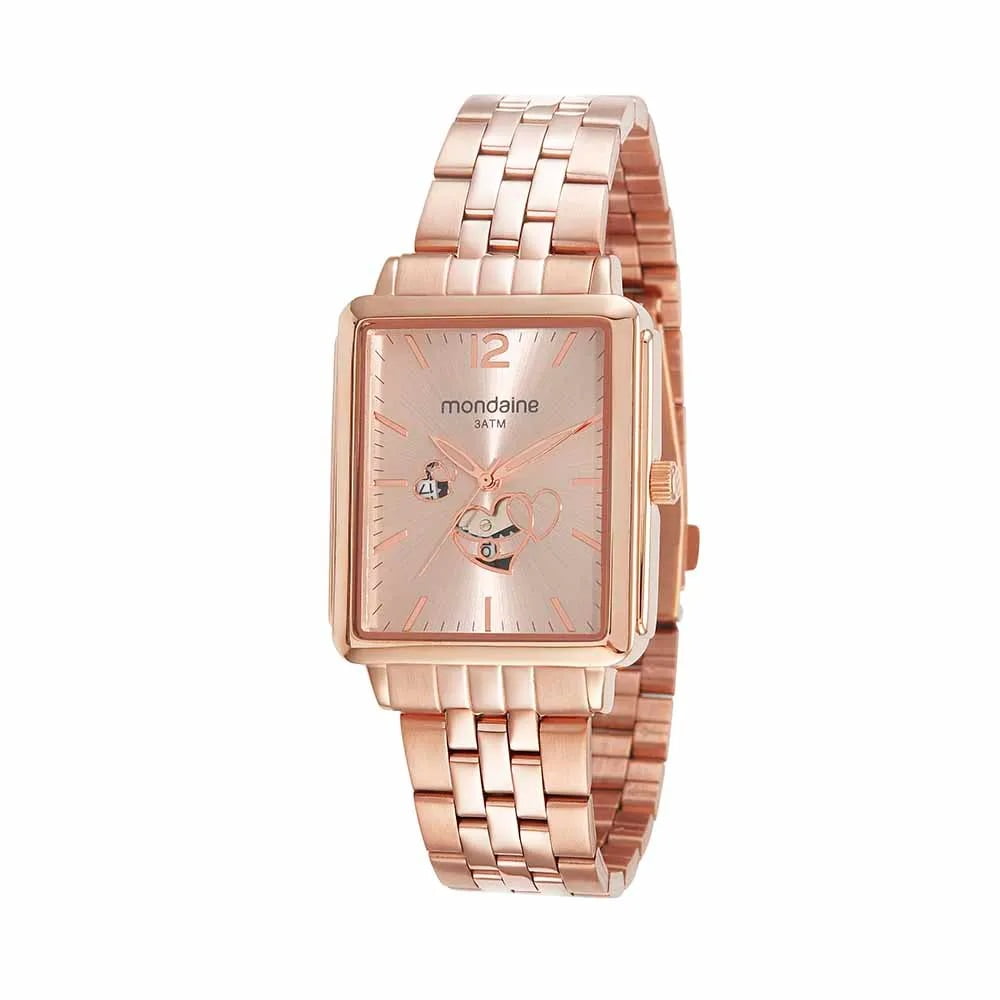 Relógio Mondaine Feminino Rose Quadrado Minimalista Visor Rose com Coração e Calendário 32344LPMVRE2 