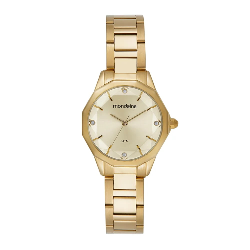 Relógio Mondaine Feminino Vidro Facetado Dourado Visor Champagne com Cristais Á Prova d'água 32844LPMVDE1