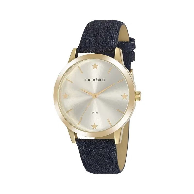 Relógio Mondaine Feminino Dourado Visor Prateado Minimalista com Estrela Pulseira Azul em Couro Á Prova d'água 32113LPMVDD2